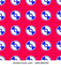 Blue CD or DVD disk icon isolated seamless pattern on red background. Compact disc sign.  Vector Illustration