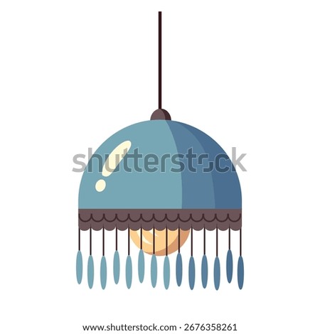 Blue ceiling lamp with lampshade and fringe. Vector illustration for bedroom interior, living room. .