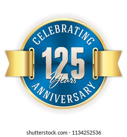 Blue celebrating 125 years, anniversary badge with gold border