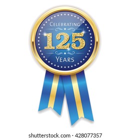 Blue celebrating 125 years badge, rosette with gold border and ribbon