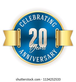 Blue celebrating 20 years, anniversary badge with gold border