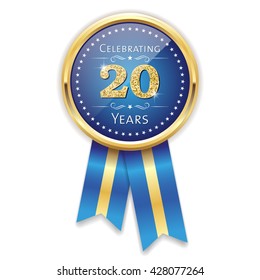 Blue celebrating 20 years badge, rosette with gold border and ribbon