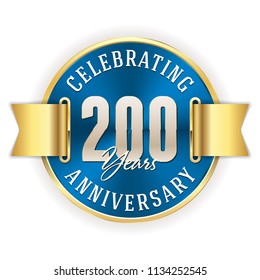 Blue celebrating 200 years, anniversary badge with gold border