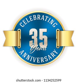 Blue celebrating 35 years, anniversary badge with gold border