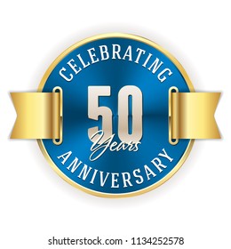 Blue celebrating 50 years, anniversary badge with gold border