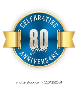 Blue celebrating 80 years, anniversary badge with gold border