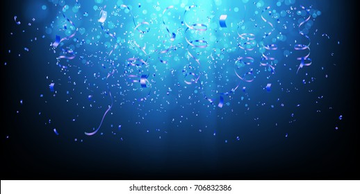 Blue Celebration Background Template With Drop Confetti And Blue Ribbons On Blue Ray Light