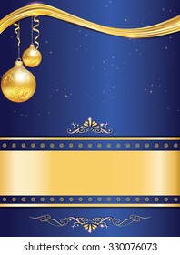 Blue celebration background for winter holidays (Christmas and New Year) with  Christmas baubles and decorative elements. Print colors used. Greeting card custom size. Copy space for your own text.