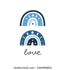 Blue celestial boho rainbows with lettering love and moon phases, dots, crescents isolated on white background. Bohemian baby poster.