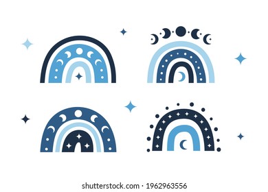 Blue celestial boho rainbows with moon phases, dots, crescents isolated on white background. Bohemian baby illustration.