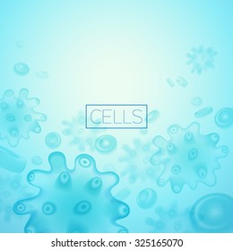 Blue cell blood background. Cell under microscope. Molecular research dna, life and biology, medicine scientific. Vector illustration. Objects do not cut off, hidden behind a mask.