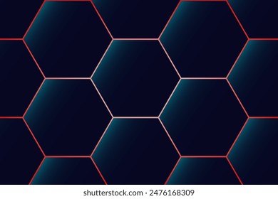 Blue cells pattern background. Dark hexagon grid texture with red lining. Dark blue and red background.