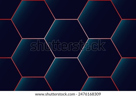Blue cells pattern background. Dark hexagon grid texture with red lining. Dark blue and red background.