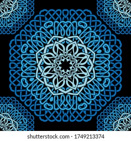 Blue celtic mandalas seamless pattern. Vector lines background. Repeat line art knotted arabic ornamets. Intricate  curved lines backdrop. Beautiful arabesque design with contours, knots, curves.
