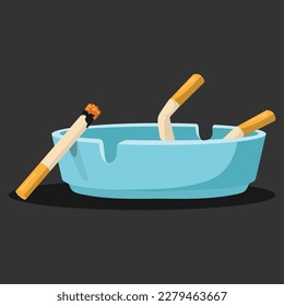 Cenicero de cerámica azul lleno de cigarrillos para fumar. La vajilla para fumar. Vista superior. Ilustración vectorial en estilo plano