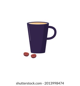 Blue ceramic coffee mug with beans cartoon icon, flat vector illustration isolated on white background. Coffee shop or cafeteria menu and package element.