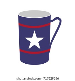 Blue ceramic cup with handle, red strips and white star.
