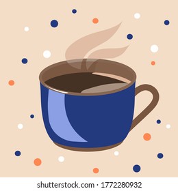 Blaue Keramiktasse heißen Kaffee. Vektorgrafik von Lebensmitteln auf cremefarbenem Hintergrund. Schöne Dekoration für den Internationalen Kaffeetag. Coffee Break Vektordesign. Blaue Kaffeetasse zum Frühstück