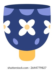 Blue ceramic flower pot with white flowers and yellow base standing out on a white background, perfect for holding plants and adding a touch of nature to any space