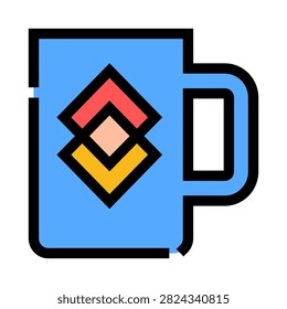 Blue ceramic mug displaying a stylized geometric logo formed by interlocking red, yellow, and peach diamond shapes, symbolizing connection and unity in a modern design