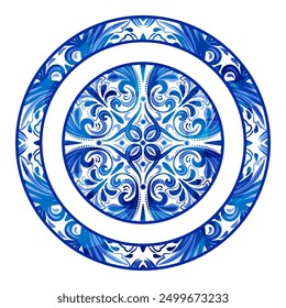 Blue ceramic pattern. Traditional tribal ornament. Capri Maiolica. Delft Blue and White. Azulejo	