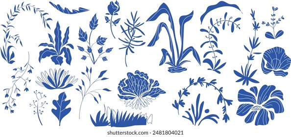 Blue ceramic plants and flowers botanical set adorable, lovely, pretty, vintage, modern, flat, decorative, organic, leaf, leaves, ornament, line, silhouette	
