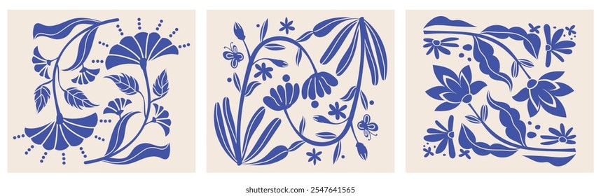 Conjunto botánico de plantas y flores de cerámica azul adorable, encantador, bonito, vintage, moderno, plano, decorativo, orgánico, hoja, hojas, adorno, línea, silueta	
