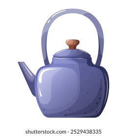 Blue ceramic teapot. Beautiful kettle with highlights and shadows. Kitchen element vector illustration. Ceramic tableware, kitchen, cafe concept, sticker, print