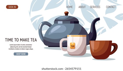 Blaue Keramikteekanne und eine Tasse Kräutertee, Zitronenscheiben. Design für Vorlage, Banner, Poster, Website, Flyer.