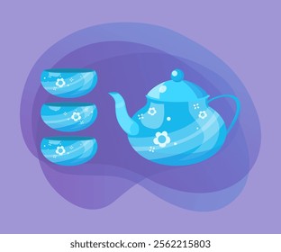 Blue ceramic teapot with teacups vector illustrations set. Collection of cartoon drawings of pot and cups with flower ornament on abstract background. Kitchenware, teatime, coziness concept