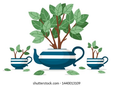 Blue ceramic teapot and two cup with tea bush growing out of it flat vector illustration on white background
