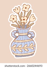 Blue ceramic Vase with Bouquet of chamomile Flowers. Hand drawn Cottage Interior decor in soft Pastel colors. Cottagecore Aesthetic collection