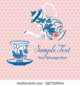 Blue Ceramic Vintage Tea Set Vector Card Background