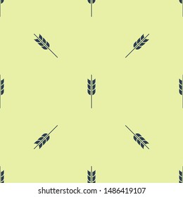 Blue Cereals set with rice, wheat, corn, oats, rye, barley icon isolated seamless pattern on yellow background. Ears of wheat bread symbols.  Vector Illustration