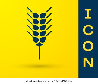 Blue Cereals set with rice, wheat, corn, oats, rye, barley icon isolated on yellow background. Ears of wheat bread symbols.  Vector Illustration