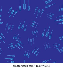 Blue Cereals set with rice, wheat, corn, oats, rye, barley icon isolated seamless pattern on blue background. Ears of wheat bread symbols.  Vector Illustration