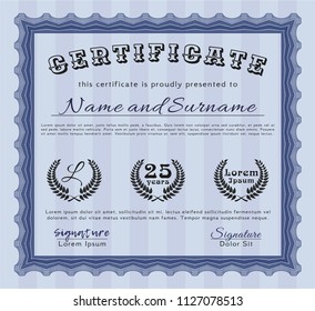 Blue Certificate of achievement. Artistry design. Detailed. With great quality guilloche pattern. 