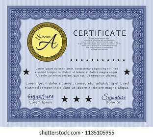 Blue Certificate of achievement. With background. Money design. Customizable, Easy to edit and change colors. 