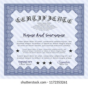 Blue Certificate of achievement. With background. Money design. Detailed. 