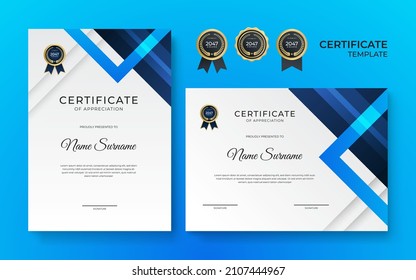 Blue certificate of achievement border template with luxury gold badge and modern geometric pattern. For award, business, design, appreciation, corporate, and education needs