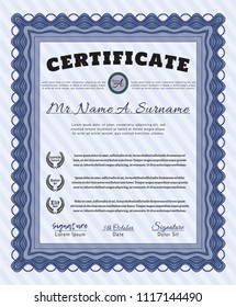 Blue Certificate of achievement. With complex background. Detailed. Lovely design. 