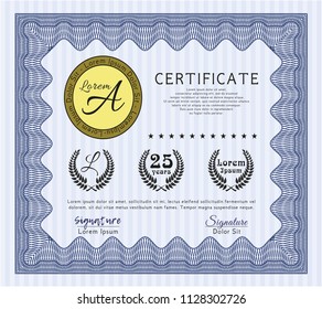 Blue Certificate of achievement. With complex background. Beauty design. Detailed. 