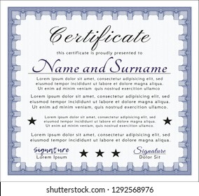 Blue Certificate of achievement. With complex background. Excellent design. Vector illustration. 