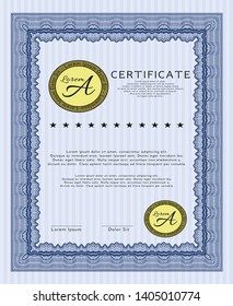 Blue Certificate of achievement. Complex background. Superior design. Vector illustration. 