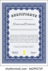 Blue Certificate of achievement. Complex background. Detailed. Elegant design. 
