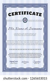 Blue Certificate of achievement. With complex linear background. Detailed. Money Pattern design. 