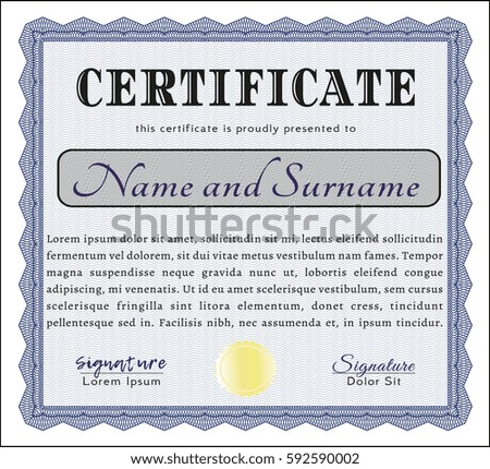 Blue Certificate of achievement. With complex linear background. Money Pattern. Customizable, Easy to edit and change colors. 