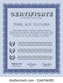 Blue Certificate of achievement. Cordial design. Detailed. With complex linear background. 