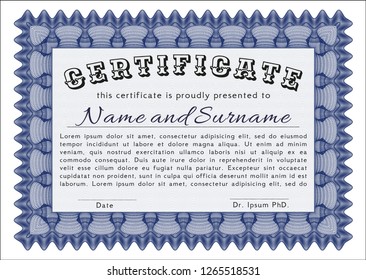 Blue Certificate of achievement. Cordial design. Customizable, Easy to edit and change colors. With guilloche pattern. 