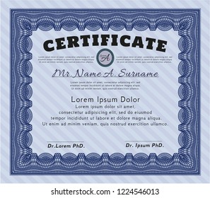 Blue Certificate of achievement. Customizable, Easy to edit and change colors. With great quality guilloche pattern. Money style design. 
